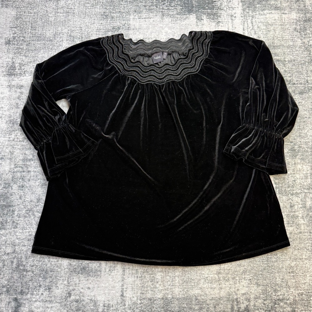 Womens Black Velvet Top Large Scalloped Embroidered Ruffle Whimsigoth Witchy
